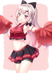 Rule 34 | 1girl, arm strap, armpits, bare shoulders, bike shorts, black skirt, blurry, bow, breasts, cheerleader, clothes writing, commentary request, cowboy shot, crop top, crop top overhang, cursive, fangs, hair bow, heart, highres, holding, holding pom poms, hololive, horns, long hair, looking at viewer, medium breasts, midriff, miniskirt, multicolored hair, nakiri ayame, nakiri ayame (streetwear), navel, open mouth, outstretched arm, pom pom (cheerleading), pom poms, ponytail, red eyes, red shirt, shirt, shorts, shorts under skirt, silver hair, skin-covered horns, skirt, sleeveless, sleeveless shirt, smile, solo, stomach, streaked hair, thighs, virtual youtuber, yuano
