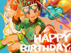 Rule 34 | 1boy, :d, adjusting eyewear, balloon, birthday, birthday cake, black hair, blue-framed eyewear, blush, boots, cake, child, confetti, cropped legs, english text, unworn eyewear, food, fruit, gon freecss, green footwear, green jacket, green shorts, hand on eyewear, happy birthday, highres, holding, holding balloon, holding removed eyewear, hunter x hunter, jacket, long sleeves, looking at viewer, male focus, open mouth, oversized food, oversized object, short hair, shorts, sitting, smile, solo, spiked hair, strawberry, thicopoyo