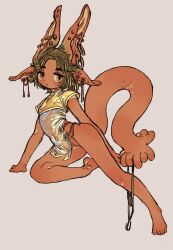 Rule 34 | 1boy, :o, animal ears, barefoot, brown background, brown eyes, brown hair, china dress, chinese clothes, commentary request, dress, ear piercing, extra ears, full body, highres, long tail, looking at viewer, male focus, microdress, open mouth, original, pelvic curtain, piercing, see-through, see-through dress, shima (wansyon144), short hair, short sleeves, simple background, solo, tail, trap, yellow dress