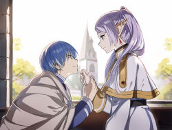 Rule 34 | 1boy, 1girl, blue hair, cape, closed mouth, commentary, dangle earrings, earrings, elf, frieren, from side, gold trim, green eyes, himmel (sousou no frieren), holding, holding another&#039;s wrist, jewelry, long hair, looking at another, nyoro (nyoronyoro000), pointy ears, profile, purple hair, short hair, sousou no frieren, upper body