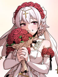 Rule 34 | 1girl, absurdres, bare shoulders, blush, bouquet, braid, breasts, commentary request, cross, detached sleeves, dress, flower, gigle, grin, hair between eyes, hair flower, hair ornament, highres, holding, holding bouquet, honkai (series), honkai impact 3rd, jewelry, korean commentary, latin cross, long sleeves, looking at viewer, medium breasts, purple eyes, red flower, red rose, ring, rose, sleeveless, sleeveless dress, sleeves past wrists, smile, solo, theresa apocalypse, theresa apocalypse (luna kindred), upper body, white dress, white hair, white sleeves