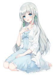Rule 34 | 1girl, :d, a20 (atsumaru), aitsuki nakuru, barefoot, blue eyes, dress, eyebrows, hair ornament, hair ribbon, hand on own chest, highres, indie virtual youtuber, jewelry, long hair, looking at viewer, necklace, official art, open mouth, ribbon, seiza, sitting, smile, virtual youtuber