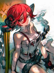 Rule 34 | 1girl, a.b.a, bandaged chest, bandages, chain, guilty gear, guilty gear xx, highres, homunculus, key, key in head, object through head, paracelsus (guilty gear), red hair, short hair, stitched mouth, stitches, yohane shimizu