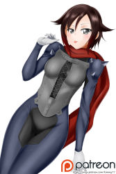 Rule 34 | 1girl, :p, asymmetrical hair, blue bodysuit, blush, bodysuit, breasts, brown hair, corset, cosplay, dutch angle, gloves, gradient hair, grey eyes, hair between eyes, highres, kimmy77, long sleeves, looking at viewer, medium breasts, multicolored hair, niijima makoto, niijima makoto (cosplay), patreon logo, persona, persona 5, red hair, ruby rose, rwby, short hair, simple background, solo, standing, tongue, tongue out, two-tone hair, watermark, white background, white gloves