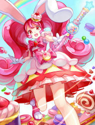 Rule 34 | 10s, 1girl, animal ears, bow, rabbit ears, cake, cake hair ornament, candy, caperata (towahuyu), cropped legs, cure whip, doughnut, dress, earrings, food, food-themed hair ornament, gloves, hair ornament, highres, holding, holding wand, kirakira precure a la mode, layered dress, long hair, looking at viewer, macaron, magical girl, pink bow, pink footwear, pink hair, pom pom (clothes), pom pom earrings, precure, puffy sleeves, rainbow, red eyes, shoes, smile, solo, standing, standing on one leg, swiss roll, twintails, usami ichika, wand, white gloves