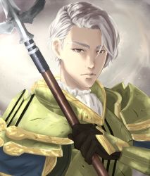 Rule 34 | 1boy, armor, bad id, bad twitter id, brown eyes, fernand (fire emblem), fire emblem, fire emblem echoes: shadows of valentia, gloves, green armor, grey background, male focus, nintendo, polearm, portrait, solo, spear, weapon, white hair