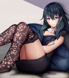 Rule 34 | 1girl, black dress, blue eyes, blue hair, blue nails, blush, breasts, brown pantyhose, byleth (female) (fire emblem), byleth (fire emblem), cleavage, clothes pull, commentary request, dress, fire emblem, fire emblem: three houses, hair ornament, highres, knees up, long hair, looking at viewer, nail polish, nintendo, nurumaru yu, pantyhose, pantyhose pull, pencil dress, print pantyhose, short dress, smile, solo, thighs