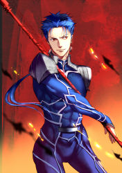 Rule 34 | 1boy, abs, armor, blue hair, bodysuit, cowboy shot, cu chulainn (fate), earrings, eilinna, embers, fate/stay night, fate (series), gae bolg (fate), jewelry, cu chulainn (fate/stay night), long hair, looking to the side, male focus, muscular, pauldrons, polearm, ponytail, red eyes, shoulder armor, skin tight, slit pupils, smile, solo, spiked hair, type-moon, weapon