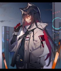 Rule 34 | 1girl, animal ears, arknights, black border, black hair, black pantyhose, border, cigarette, gloves, hand in pocket, holding, holding cigarette, id card, jacket, long hair, multicolored hair, official alternate costume, open mouth, orange eyes, pantyhose, planted, rain, red gloves, red hair, smoke, smoking, solo, soukou makura, sword, texas (arknights), texas (winter messenger) (arknights), weapon, white jacket, wolf ears