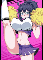 Rule 34 | 1girl, @ @, ahoge, alternate breast size, bouncing breasts, breasts, cheerleader, creatures (company), game freak, hairband, hex maniac (pokemon), high kick, highres, impossible clothes, kicking, large breasts, leg up, looking at viewer, matching hair/eyes, messy hair, midriff, navel, nintendo, npc trainer, open mouth, pink background, pokemon, pokemon xy, pom pom (cheerleading), purple eyes, purple hair, purple hairband, shimure (460), socks, solo, sweat, two-tone background, white socks