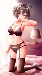 Rule 34 | 1girl, absurdres, arm up, armpits, bare arms, bed, bedroom, black bow, black bra, black hair, black panties, black thighhighs, blush, bow, bow bra, bow panties, bra, breasts, cleavage, collarbone, covering own mouth, cowlick, curtains, fishnet thighhighs, fishnets, frilled bra, frilled panties, frills, garter belt, garter straps, hair between eyes, hand over own mouth, highres, huge filesize, idolmaster, idolmaster cinderella girls, indoors, kneeling, kohinata miho, lace, lace-trimmed bra, lace garter belt, lace trim, lamp, masuku (saint mask), medium breasts, nail polish, navel, on bed, panties, pillow, sidelocks, solo, thighhighs, underwear, underwear only, yellow eyes