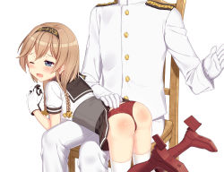 Rule 34 | 10s, 1boy, 1girl, admiral (kancolle), ass, assisted exposure, bad id, bad pixiv id, blue eyes, blush, braid, brown hair, clothes lift, clothes writing, cnm, gloves, hair ornament, hairband, kantai collection, long hair, open mouth, panties, propeller hair ornament, red panties, school uniform, simple background, sitting, skirt, skirt lift, spanked, spanking, tears, teruzuki (kancolle), thighhighs, twin braids, underwear, white gloves, white thighhighs, wince