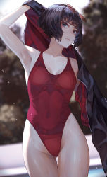 Rule 34 | 1girl, arm up, armpits, bare shoulders, black hair, black jacket, blunt bangs, blurry, blurry background, bob cut, breasts, cleavage, closed mouth, collarbone, competition swimsuit, covered navel, cowboy shot, day, depth of field, eyewear on head, gluteal fold, grey eyes, groin, highleg, highleg swimsuit, highres, holding, holding clothes, jacket, unworn jacket, kaoming, lips, looking at viewer, medium breasts, one-piece swimsuit, original, outdoors, pool, red-tinted eyewear, red one-piece swimsuit, short hair, solo, standing, sunglasses, swimsuit, thigh gap, thighs, tinted eyewear, undressing, water, wet, wet clothes, wet swimsuit