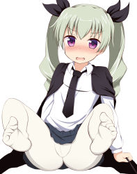 Rule 34 | 10s, 1girl, absurdres, anchovy (girls und panzer), ass, blush, cameltoe, feet, girls und panzer, highres, long hair, looking at viewer, open mouth, ponpon (tosico), shiny skin, solo, spread legs, white background