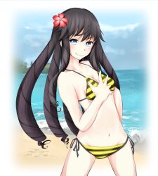 Rule 34 | 1girl, bare arms, bare shoulders, beach, bikini, black hair, blue eyes, blue sky, breasts, closed mouth, cloud, cloudy sky, commentary request, day, feet out of frame, flower, hair between eyes, hair flower, hair ornament, hand up, kumokawa maria, light blush, long hair, looking at viewer, medium breasts, navel, ocean, outdoors, partial commentary, red flower, ringlets, sand, shin (highest1192), sky, smile, solo, stomach, striped bikini, striped clothes, swimsuit, toaru majutsu no index, toaru majutsu no index: new testament, tree, very long hair, water, yellow bikini