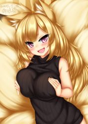 Rule 34 | 1girl, :d, animal ears, black sweater, blonde hair, blush, breasts squeezed together, breasts, covered erect nipples, dated, eyebrows, fox ears, fox girl, fox tail, highres, kayou (sennen sensou aigis), large breasts, long hair, looking at viewer, minaha (playjoe2005), multiple tails, naked sweater, open mouth, purple eyes, ribbed sweater, sennen sensou aigis, short eyebrows, sleeveless, smile, solo, sweater, tail, upper body
