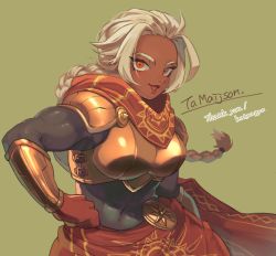 Rule 34 | 1girl, armor, artist name, braid, breastplate, breasts, brown eyes, commentary, commission, covered navel, dark-skinned female, dark skin, english commentary, gloves, grey hair, hand on own hip, highres, kabiyapyo, long hair, medium breasts, open mouth, original, parted bangs, red gloves, red scarf, scarf, skeb commission, smile, solo