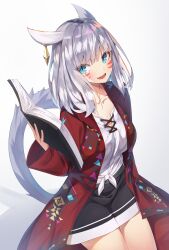 Rule 34 | 1girl, :d, animal ears, black shorts, blue eyes, book, cat ears, cat girl, cat tail, coat, earrings, fangs, final fantasy, final fantasy xiv, grey hair, highres, holding, holding book, jewelry, long sleeves, looking at viewer, medium hair, miqo&#039;te, open clothes, open coat, open mouth, red coat, shiro youduki, shirt, short shorts, shorts, single earring, skin fangs, smile, tail, warrior of light (ff14), white shirt
