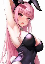 Rule 34 | 1girl, absurdres, alternate costume, animal ears, arm behind head, arm up, armpits, black leotard, blush, breasts, commentary, covered navel, detached collar, english commentary, fake animal ears, fake tail, fmg, from side, highleg, highleg leotard, highres, hololive, hololive english, large breasts, leotard, long hair, looking at viewer, mori calliope, open mouth, pink eyes, pink hair, playboy bunny, presenting armpit, rabbit, rabbit ears, shadow, simple background, solo, strapless, strapless leotard, tail, upper body, v-shaped eyebrows, very long hair, virtual youtuber, white background