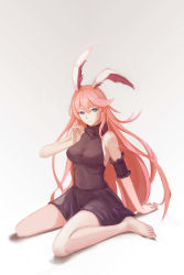 Rule 34 | 1girl, absurdres, animal ears, backless dress, backless outfit, bare shoulders, barefoot, blue eyes, breasts, brown dress, closed mouth, dress, fox ears, full body, grey background, highres, honkai (series), honkai impact 3rd, long hair, looking at viewer, pink hair, qazpl747163, simple background, sitting, sleeveless, sleeveless dress, smile, solo, toes, wariza, yae sakura