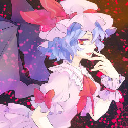 Rule 34 | 1girl, ascot, bat wings, blood, blue hair, brooch, dress, female focus, hat, hat ribbon, jewelry, looking at viewer, mob cap, open mouth, red eyes, remilia scarlet, ribbon, short sleeves, smile, solo, tomobe kinuko, touhou, wings, wrist cuffs