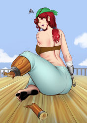 Rule 34 | absurdres, amputee, ass, bandages, bandana, bandeau, bare back, barefoot, dirty, dirty feet, durag, eyepatch, feet, freckles, highres, hook, lipgloss, low ponytail, pants, peg leg, pirate, red eyes, red hair, scar, soles, thighs, tight clothes, tight pants, toes