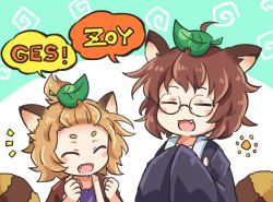Rule 34 | 2girls, ^ ^, animal ears, brown hair, closed eyes, closed eyes, fang, futatsuiwa mamizou, glasses, japanese clothes, leaf, leaf on head, light brown hair, multiple girls, notice lines, open mouth, pote (ptkan), raccoon ears, raccoon tail, round eyewear, short hair, tail, tanuki mob (touhou), thick eyebrows, topknot, topknot tanuki, touhou, upper body