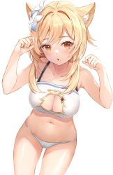 Rule 34 | 1girl, animal ears, armpits, arms up, bare arms, bare shoulders, blonde hair, bra, breasts, cat ears, cat girl, cleavage, cleavage cutout, clothing cutout, collarbone, cowboy shot, flower, genshin impact, gold trim, hair flower, hair ornament, highres, kemonomimi mode, large breasts, looking at viewer, lumine (genshin impact), lunacle, navel, orange eyes, panties, parted lips, paw pose, short hair with long locks, simple background, solo, stomach, string panties, thighs, underwear, underwear only, white background, white bra, white flower, white panties