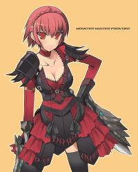 Rule 34 | 1girl, armor, breasts, capcom, character request, choker, cleavage, hand on own hip, hip focus, large breasts, monster hunter (series), monster hunter frontier, ohta yuichi, red eyes, red hair, skirt, solo, thighhighs, zettai ryouiki