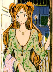 Rule 34 | 1girl, breasts, brown eyes, brown hair, charlotte pudding, cleavage, door, dress, expressionless, highres, large breasts, long hair, looking at viewer, makenevemoiine, one piece, solo, third eye, twintails, very long hair, wide hips