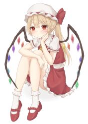 Rule 34 | 1girl, absurdres, alternate hairstyle, bad perspective, blonde hair, bobby socks, convenient leg, crystal, flandre scarlet, full body, gaden19, hand on own cheek, hand on own face, hat, hat ribbon, highres, knees up, long hair, mary janes, mob cap, ponytail, puffy short sleeves, puffy sleeves, red eyes, ribbon, shoes, short sleeves, simple background, skirt, socks, solo, touhou, very long hair, vest, white background, white hat, wings