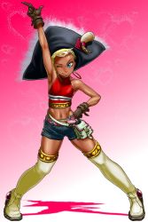 Rule 34 | 00s, 1girl, arm up, blonde hair, blue eyes, boots, boro, chat (tales), dancing, dark-skinned female, dark skin, earrings, flat chest, forehead, full body, gloves, gradient background, hat, heart, heart background, highres, jewelry, midriff, navel, one eye closed, pink background, pink theme, pointing, red shirt, shirt, short hair, short shorts, shorts, smile, solo, standing, tales of (series), tales of eternia, thigh boots, thighhighs, white background, wink