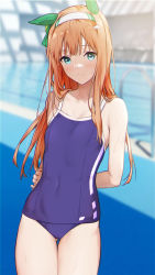 Rule 34 | 1girl, animal ears, aqua eyes, arms behind back, blue one-piece swimsuit, breasts, gluteal fold, hairband, highres, horse ears, horse girl, long hair, looking at viewer, one-piece swimsuit, orange hair, pool, saboten, school swimsuit, silence suzuka (umamusume), small breasts, solo, swimsuit, thigh gap, thighs, umamusume, water, wet, white hairband