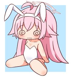 Rule 34 | 1girl, @ @, ahoge, animal ears, bare arms, bare legs, bare shoulders, barefoot, blue archive, blue background, blush, breasts, chibi, closed mouth, collarbone, facing viewer, fake animal ears, full body, hair between eyes, hairband, halo, hana kazari, highres, hoshino (blue archive), leotard, long hair, pink hair, playboy bunny, rabbit ears, sitting, small breasts, solo, strapless, strapless leotard, two-tone background, very long hair, wariza, wavy mouth, white background, white hairband, white leotard