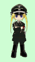 Rule 34 | 1girl, aiguillette, belt, belt buckle, black bow, blonde hair, blue eyes, boots, bow, buckle, crossed arms, epaulettes, german text, green background, hat, highres, jodhpurs, kill me baby, long hair, looking at viewer, military, military uniform, nazi, necktie, pants, peaked cap, runes, sonya (kill me baby), ss insignia, ss uniform, swastika, twintails, uniform, yasu (luchs&amp;mardar)