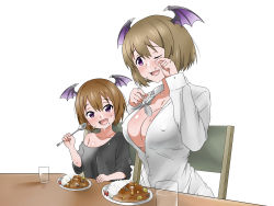 Rule 34 | 2girls, :d, ;d, ariel (kagemusha), black shirt, blouse, blush, breasts, brown hair, camilla (kagemusha), child, collarbone, commentary request, covered erect nipples, crying, crying with eyes open, cup, curry, curry rice, demon girl, demon wings, dress shirt, drinking glass, eating, fang, food, food on face, happy tears, head wings, highres, kagemusha, large breasts, looking at viewer, mole, mole under eye, monogoi no succubus oyako o mitsuketakara ijimete yaru koto ni shita ww, mother and daughter, multiple girls, naked shirt, no bra, off shoulder, one eye closed, open clothes, open mouth, open shirt, original, oversized clothes, oversized shirt, purple eyes, rice, runny nose, shirt, short hair, simple background, sitting, smile, snot, spoon, t-shirt, tears, white background, white shirt, wings, wiping tears