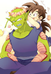 Rule 34 | 2boys, :d, annoyed, bad id, bad pixiv id, black eyes, black hair, bug, butterfly, chikiko (chiki2424), child, dragon ball, dragonball z, embarrassed, flower, happy, head wreath, insect, long hair, looking at another, looking back, male focus, multiple boys, open mouth, piccolo, pink flower, pointy ears, shirt, simple background, sitting, sleeveless, sleeveless shirt, smile, son gohan, sweatdrop, teeth, translation request, white background, yellow flower