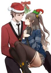 Rule 34 | 1boy, 1girl, absurdres, bang telex, black footwear, black necktie, black panties, black pants, black scarf, black thighhighs, blue jacket, brown eyes, brown hair, carrying, collared shirt, commander (girls&#039; frontline), commentary, english commentary, girls&#039; frontline, grey skirt, hat, highres, jacket, long sleeves, looking at another, miniskirt, mistletoe, necktie, one side up, panties, pants, panty pull, pleated skirt, princess carry, red headwear, red sweater, santa hat, scar, scar across eye, scarf, shirt, shoes, simple background, skirt, striped clothes, striped scarf, sweater, thighhighs, ump45 (girls&#039; frontline), underwear, white background, white shirt, yellow eyes