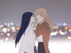 2girls black_pants blurry blurry_background brown_coat brown_hair city closed_mouth coat commentary dusk eye_contact from_side fujino_shizuru green_eyes guri_gom hand_in_own_hair hashtag-only_commentary kuga_natsuki long_hair looking_at_another multiple_girls my-hime outdoors pants parted_lips profile purple_hair red_eyes shirt smile white_shirt yuri