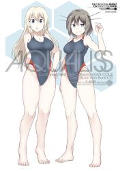 Rule 34 | 2girls, atago (kancolle), barefoot, blonde hair, blue one-piece swimsuit, breasts, cleavage, collarbone, competition swimsuit, covered navel, full body, green eyes, grey one-piece swimsuit, hair ornament, hand on own hip, highleg, highleg swimsuit, kantai collection, large breasts, long hair, looking at viewer, maya (kancolle), medium breasts, multiple girls, one-piece swimsuit, parted lips, shigino sohuzi, short hair, smile, standing, swimsuit, x hair ornament