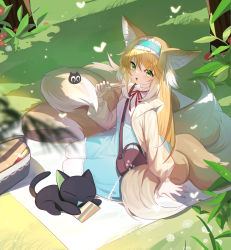 Rule 34 | 1girl, animal ear fluff, animal ears, arknights, arm support, bag, black bag, blonde hair, blue hairband, blue shirt, blush, bug, butterfly, cardigan, cat, creature, food, fox ears, fox girl, fox tail, frilled hairband, frills, from above, full body, grass, green eyes, hair between eyes, hairband, handbag, heixiu, highres, holding, holding food, insect, long hair, looking at viewer, luo xiaohei, multiple tails, mushroom, neck ribbon, official alternate costume, open mouth, outdoors, picnic basket, red ribbon, ribbon, riyu (gauzama), sandwich, shirt, sitting, solo, suzuran (arknights), suzuran (spring praise) (arknights), tail, teeth, luo xiaohei zhanji, tongue, twitter username, upper teeth only, very long hair, white shirt, xuhuai (the legend of luoxiaohei), yellow cardigan, yokozuwari