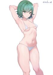 Rule 34 | 1girl, a-o a, absurdres, armpits, arms up, bikini, breasts, closed mouth, covered erect nipples, green eyes, green hair, highres, looking at viewer, micro bikini, navel, one-punch man, raised eyebrows, short hair, skindentation, small breasts, solo, standing, stomach, strap gap, swimsuit, tatsumaki, thighs, transparent background, twitter username, white bikini