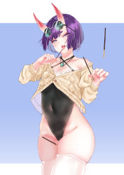 Rule 34 | 1girl, :d, bare shoulders, between thighs, black one-piece swimsuit, cardigan, chen bingyou, covered navel, eyeliner, eyewear on head, fang, fate/grand order, fate (series), frills, highres, hikimayu, looking at viewer, makeup, off shoulder, one-piece swimsuit, open mouth, pocky day, purple eyes, purple hair, short hair, shuten douji (fate), smile, solo, sunlight, swimsuit, teeth, thighhighs, tongue, tongue out, wet, white thighhighs
