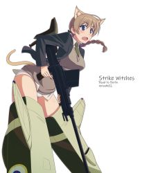 Rule 34 | 1girl, ahoge, animal ears, anti-materiel rifle, black jacket, blazer, blue eyes, boys anti-tank rifle, braid, braided ponytail, brown hair, brown sweater, cat ears, cat tail, commentary request, copyright name, dress shirt, english text, floating, frown, fumishige, green necktie, gun, highres, holding, holding gun, holding weapon, jacket, leaning forward, long hair, looking at viewer, lynette bishop, necktie, no pants, open mouth, panties, rifle, roundel, shirt, simple background, single braid, sniper rifle, solo, strike witches, striker unit, sweater, tail, underwear, v-neck, weapon, white background, white panties, white shirt, wing collar, world witches series