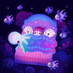 Rule 34 | animal, animal focus, animated, animated gif, artist name, bed, black eyes, blinking, commentary, coral, cuttlefish, english commentary, fins, fish, hat, nightcap, no humans, octopus, orange eyes, original, photoshop (medium), pikaole, pink headwear, solid circle eyes, fish tail