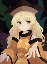 Rule 34 | 1girl, absurdres, aura, black hat, blonde hair, brown hat, closed mouth, commentary request, detached sleeves, hat, highres, iyo mamoru, long hair, long sleeves, matara okina, offering hand, orange sleeves, orange tabard, pointy hat, sitting, smile, solo, tabard, touhou, wide sleeves, yellow eyes