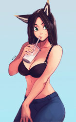 Rule 34 | 1girl, absurdres, animal ears, artist name, bare arms, black bra, black hair, blue background, bra, breasts, bubble tea, cat ears, cleavage, collarbone, commentary, cowboy shot, denim, drink, drinking straw, drinking straw in mouth, english commentary, facial mark, green eyes, highres, holding, holding drink, jeans, large breasts, long hair, looking at viewer, no shirt, original, pants, raichiyo33, simple background, solo, underwear, whisker markings