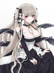Rule 34 | 1girl, azur lane, blunt bangs, breasts, choker, cleavage, collarbone, commentary request, detached sleeves, flight deck, formidable (azur lane), grey hair, hair ribbon, highres, kimu (user jtjr2257), large breasts, long hair, long sleeves, looking at viewer, machinery, maid, medium breasts, red eyes, ribbon, sidelocks, simple background, solo, turret, twintails, white background
