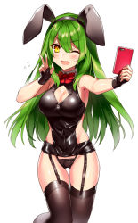 Rule 34 | 1girl, animal ears, armpits, blush, bow, breasts, cleavage, comeo, comeo (komeo15), fang, garter straps, green hair, highres, looking at viewer, one eye closed, open mouth, orange eyes, original, phone, rabbit ears, selfie, sideboob, solo, tagme, thigh gap, thighhighs, wink