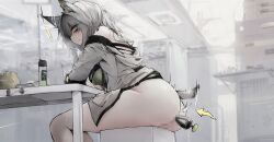 Rule 34 | 1girl, animal ears, arknights, ass, back, bags under eyes, bare shoulders, blush, breasts, butt plug, censored, clenched teeth, clothes lift, commentary, dress, dress lift, drink, english commentary, green eyes, grey hair, highres, jacket, kal&#039;tsit (arknights), large breasts, long hair, material growth, medium breasts, mosaic censoring, off shoulder, oripathy lesion (arknights), paid reward available, pussy, rkzrok, sex toy, sitting, solo, sweat, teeth, variant set
